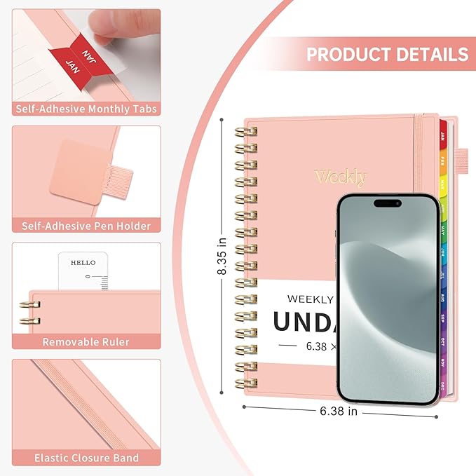 EMSHOI Undated Planner, Weekly and Monthly Calendar, 53 Weeks and 12 Months, A5 (6.38" x 8.35"), 100GSM Thick Paper, PVC Cover, Monthly Tabs, Note Pages, Start Anytime