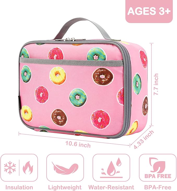 FlowFly Kids Lunch box Insulated Soft Bag Mini Cooler Back to School Thermal Meal Tote Kit for Girls, Boys, Doughnut