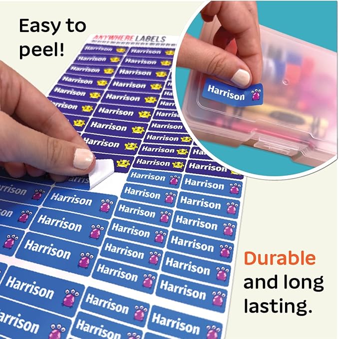 Kids Personalized Name Labels for School, Camp, Daycare (128 Labels) Custom Peel and Stick Waterproof Name Tags Stickers for Water Bottles, Lunch Boxes, Clothing, School Supplies (Monster)