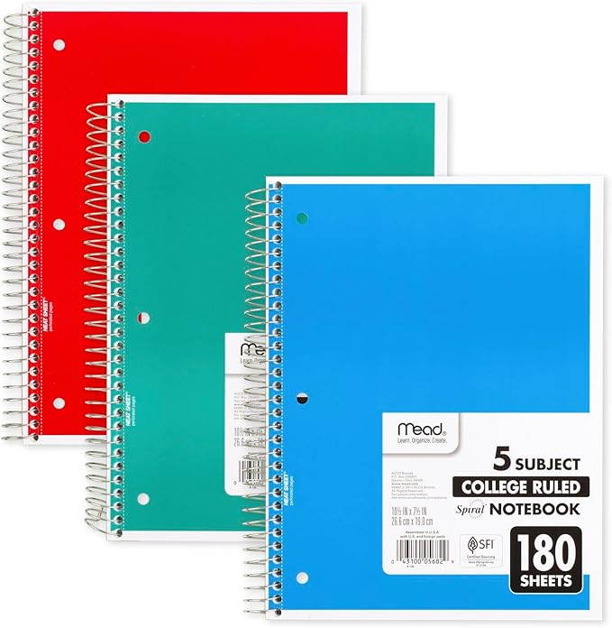 Mead Spiral Notebook, 5 Subject, College Ruled Paper, 180 Sheets, 10-1/2" x 8", Color Selected For You, 1 Count (05682)