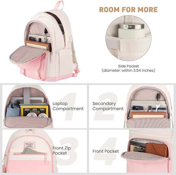 WINDARS School Backpack for Teen Girls, Cute College Backpacks for Women Students Aesthetic Bookbag Large 15.6 Inch Laptop Bag Middle School Travel Back Pack (Pink Beige)