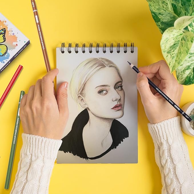 PANDAFLY Professional Colored Charcoal Pencils Drawing Set, Skin Tone Colored Pencils, Pastel Chalk Pencils for Sketching, Shading, Coloring, Layering & Blending, 24 Colors