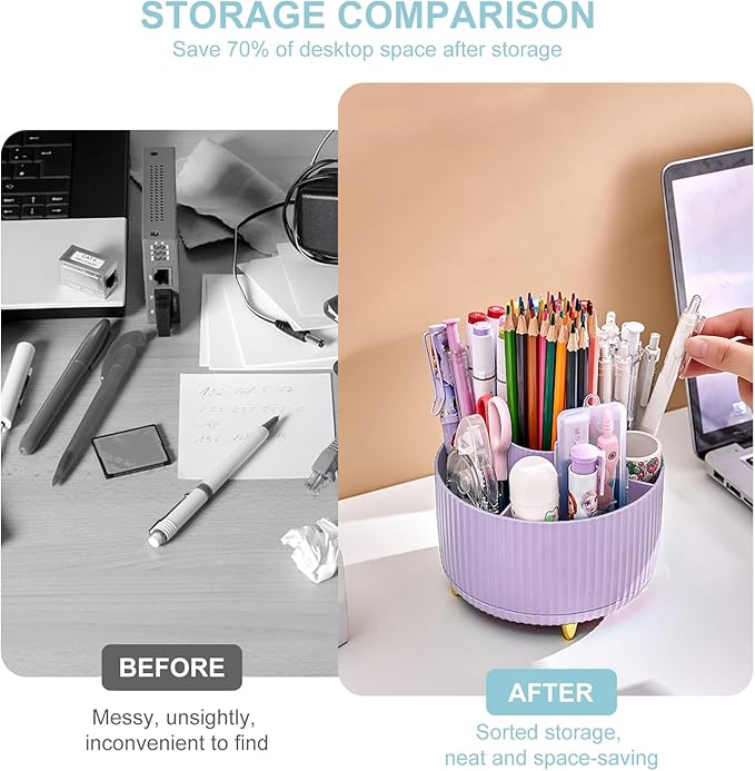 Cayxenful Pencil Holder For Desk,5 Slots 360°Degree Rotating Desk Organizers And Accessories,Desktop Storage Stationery Supplies Organizer, Cute Pencil Cup Pot For Office, School, Home (I-Purple)