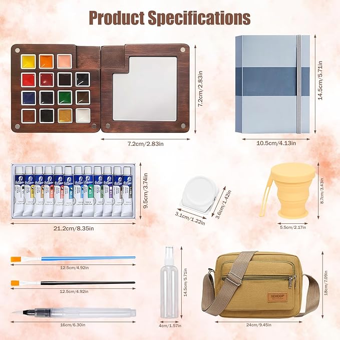 Mini Watercolor Travel Set,Portable Watercolor Kit,15 Grids Portable Wooden Paint Palette with Bag,12 Paint, 4 Brush, Cleaner Cup,2 Sketchbooks Magnetic Clip,Watercolor for Painters,Beginners,Artists