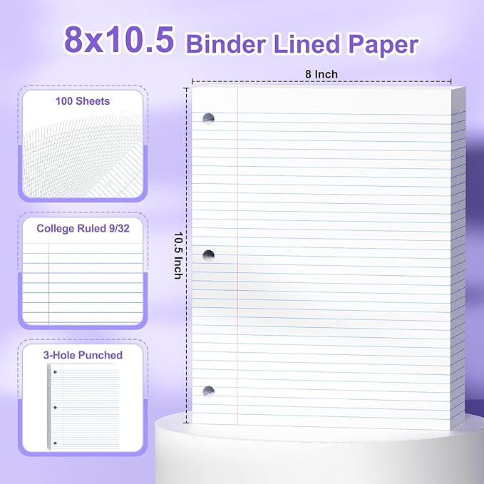 Loose Leaf Paper, 8x10.5 College Ruled, Notebook Paper for 3 Ring Binders, White Binder Notebook, 3 Hole Punch Paper, 100 Sheets/pack, 2 Pack