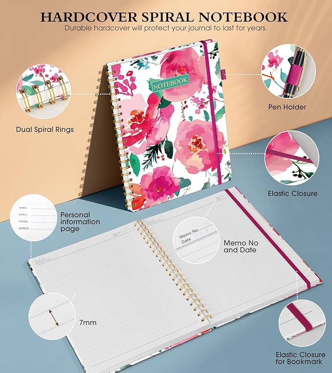 Spiral Notebook Journal 8.5” x 11”, A4 Large Notebooks for Women Men, College Ruled Lined Journal, 100 GSM Paper, Hardcover Spiral Bound Journals for Work School Note Taking, Watercolor Blooms