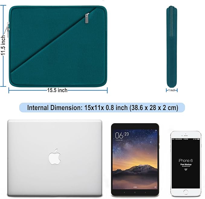 Laptop Sleeve 15.6 inch, Traveling Carrying Computer Bag with Zippered Pocket, Shockproof Protective Laptop Case Compatible for Apple Notebook, HP, Dell, Acer, Asus, Lenovo, Cyan