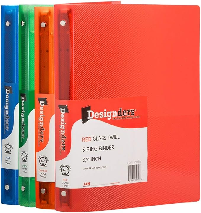 JAM PAPER Plastic 0.75 inch Binders - Assorted 3 Ring Binders (Red, Blue, Green & Orange) - 4/Pack