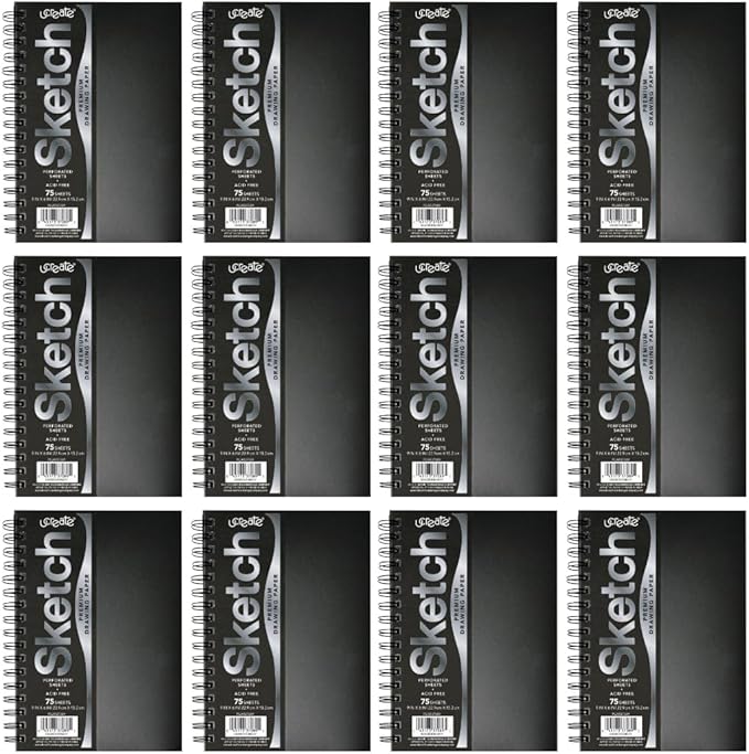 UCREATE Poly Cover Sketch Book, Heavyweight, 70 lb., Side Spiral Bound, 6" x 9", Black, 75 Sheets/Sketch Book, Case of 12, 900 Sheets Total