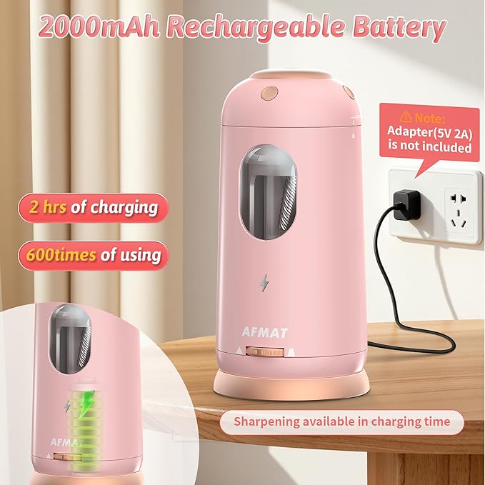 AFMAT Electric Pencil Sharpener, Auto in & Out, Fully Automatic Pencil Sharpener, Rechargeable Hands-Free Sharpeners for Jumbo & Colored Pencils (7-11.5mm), Good for Classroom/Home PSC8(Light Pink)