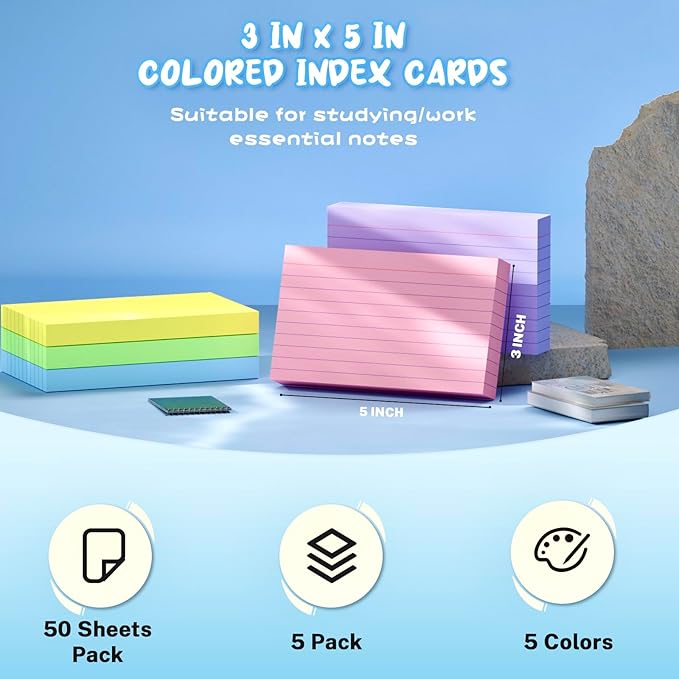 Colored Index Cards 3x5, 250 Count Colored NoteCards 3x5, 5 Colors Flash Cards for Studying, 50 Sheets Per Color Lined Index Cards Ruled, Notecards 3 x 5 Lined for Office, School, and Home Supplies