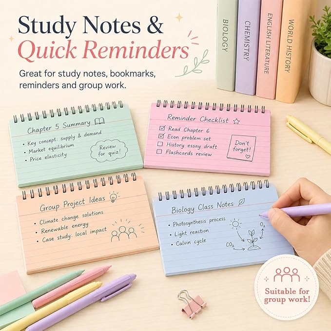 12 Packs Large Index Cards with Ring set 4x6 Colored College Ruled Notecards with Waterproof Covers Spiral Flashcards Spiral Index Card Set for Studying School Office Home Supplies(Pastel)