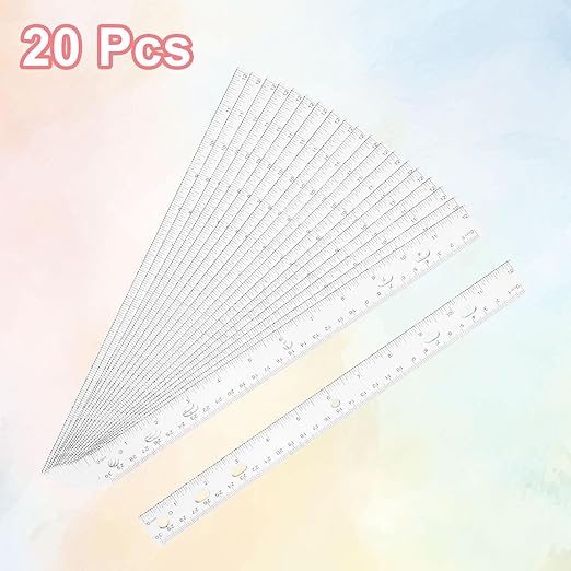 HARFINGTON 20pcs Plastic Rulers 12" (30cm) Clear Straight Ruler Measuring Tool Inches and Centimeters with Hole for Home Office Classrooms Drafting, Clear White