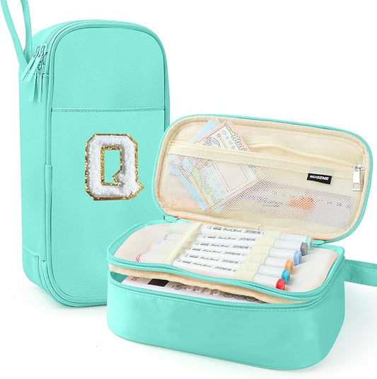 Large Pencil Case,Big Capacity Pencil Pouch,Personalized Initial Pencil Bag with smooth zipper,Multiple Pockets,Cute Aesthetic Stationery Pen Case Bag for Teen Girls College (Mint Green, Q)