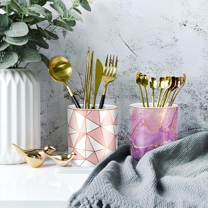 Pen Holder for Desk, Cute Ceramic Pencil Holder, Pen Cup Marker Holder Makeup Brush Holders, Desk Accessories & Workspace Organizers for Home, Office, Purple Marble
