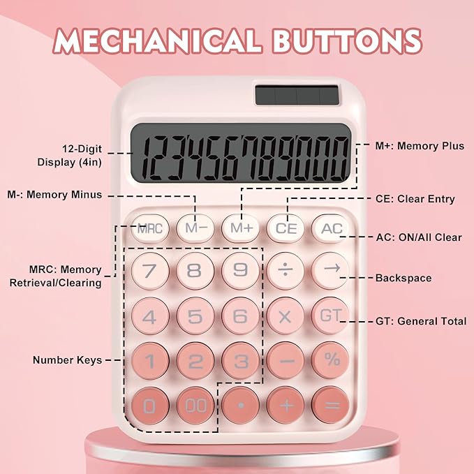 Mechanical Switch Calculator with Big Buttons, Calculators Desktop, 12 Digits, Solar Battery Power, Desk Calculator, Large LCD Display, Cute Pink Calculators for Teachers Students Basic Office