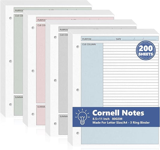 200 Sheet Colored Cornell Notes Loose Leaf Paper 8.5×11 Inch for 3 Ring Binder College Ruled Taking System Filler Paper Letter Size Notebook Refill Paper Bulk for School Office Business Home 80gsm