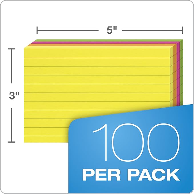 Oxford Neon Index Cards, 3" x 5", Ruled, Assorted Colors, 100 Per Pack (40279)