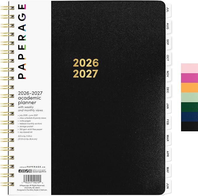 PAPERAGE Academic Planner, Weekly & Monthly Planner & Calendar, 12-Months, July 2026 - June 2027, (9.5" x 11"), School & Student Planning Agenda with Tabs, Bonus Pages & Inner Pocket, Black