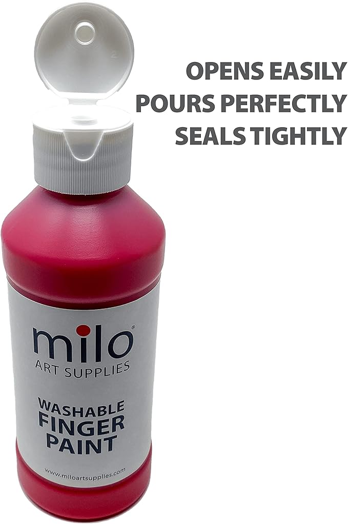 milo Kid's Washable Finger Paint Set of 8 Colors | 8 oz Bottles | Safe and Non-Toxic | Made in the USA | Arts & Crafts Paints for Kids, Toddlers, Pre School Supplies Painting Set for Children | Easy Pour and Squeeze Bottles