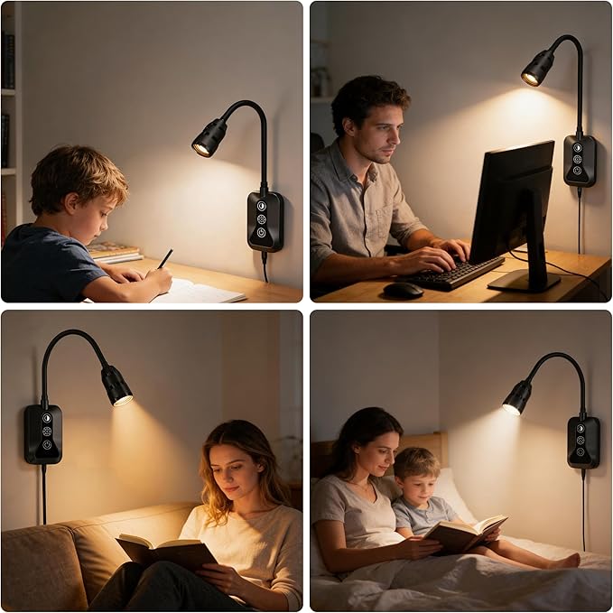 LED Wall Mounted Reading Light with Wave Sensor/Touch Switch, 5 Color & 5 Level Dimmable Touch Book Light for Reading with USB C Charging Port, Eye-Care Bedside Reading Lamp for Bed,Heaboard (Black)