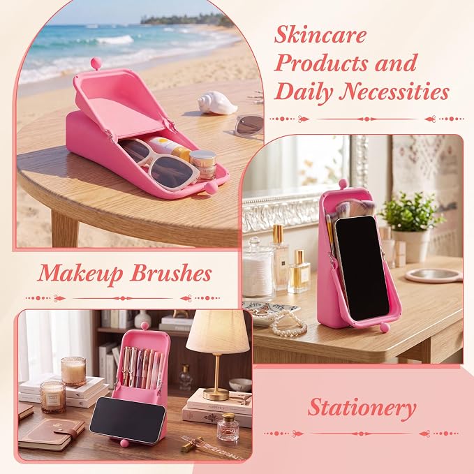 Kacctyen Makeup Brush Case Silicone Standing Makeup Brush Holder,Pink | Silicone Make up Travel Bag with Suction Portable Cosmetic Organizer Phone Stand Pouch for Travel Home Back to School Use