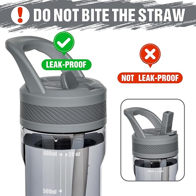 OLDLEY 20oz Kids Water Bottle with Straw, BPA-Free Tritan Water Bottle for School, Leakproof Clear Water Bottle with One Click Open, Measurement Scale, Cup Holder Friendly for Boys Girls,Grey