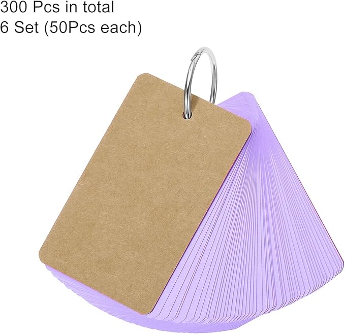 PATIKIL Blank Index Cards with Ring, 300Pcs Colored Blank Flash Card 3.5" x 2" Note Card Study Card for Memory Learning Studying Office Supplies, Purple