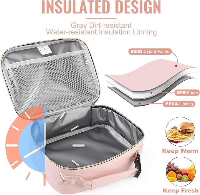 Genteen Lunch Bag for Women Girls Kids,Insulated Lunch Box,Reusable Lunchbox for School,Work,Outdoor(Pink)