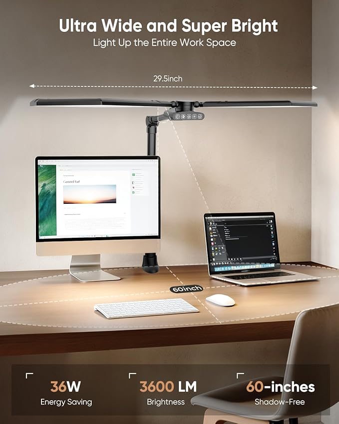 LED Desk Lamp with Clamp, 3600LM 448LEDs Ultra-Bright Architect Desk Light with Remote Control, Desk Light with Stepless Dimming and Stepless Color Temp, Memory Function for Study and Workbench