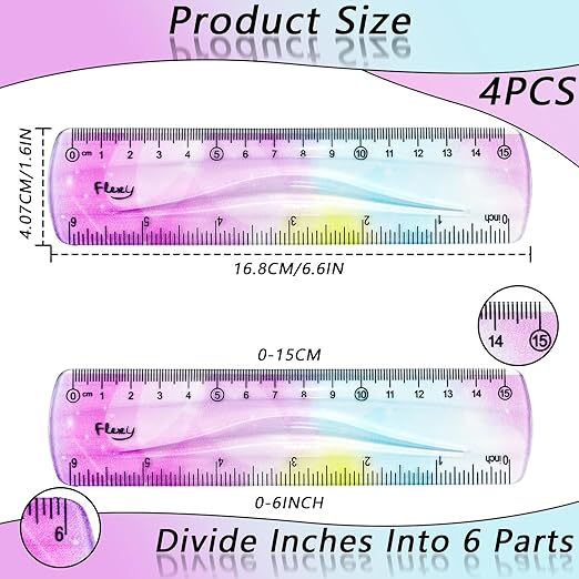 4 PCS 6 Inch Flexible Ruler, Bendable Plastic Ruler, Soft Bendable Gradient Colour Rulers with Centimeters and Inches for Student School Classroom Office Supplies