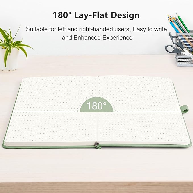 RETTACY Dotted Journal Notebook, 256 Pages, A5 Medium Size (5.7'' × 8.3''), Leather Hardcover, 120 GSM Thick Paper, for Journaling, Planning, Tracking (Light Green)