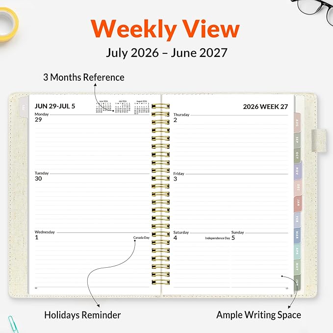 SUNEE 2026-2027 Weekly & Monthly Planner 6.4"x8.5" - 12 Month (July 2026 - June 2027), Vegan Leather Cover Planner Academic Year Calendar, Pocket, Notes, Monthly Tab, Beige