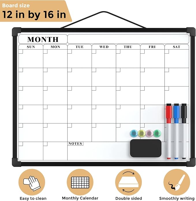 MaxGear Monthly Calendar Dry Erase Board for Wall, 16"x12" Small Hanging Double-Sided White Board, Portable Whiteboard for Planning, Drawing, Memo, to Do List, School, Home, Office, Black Frame