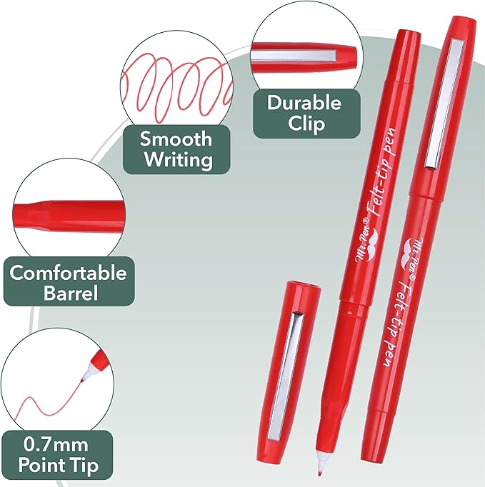 Mr. Pen- Felt Tip Pens, 36 Pack, 0.7 mm, Red Felt Tip Pens Bulk, Fast Dry, No Smear, Planner Markers for Underlining, Writing, Drawing, Journaling Supplies
