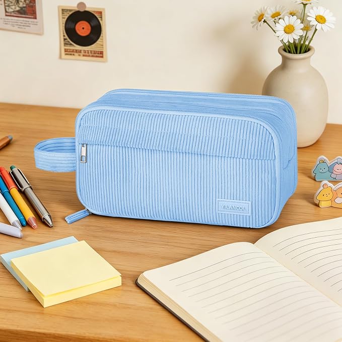 Cute Big Pencil Case Pouch Bag with Handle for Teen Girls Boy Gift | Large 4 Compartment Multiple Pockets Corduroy Aesthetic Pen Bag Pouch Organizer for School College Supplies,Sky Blue