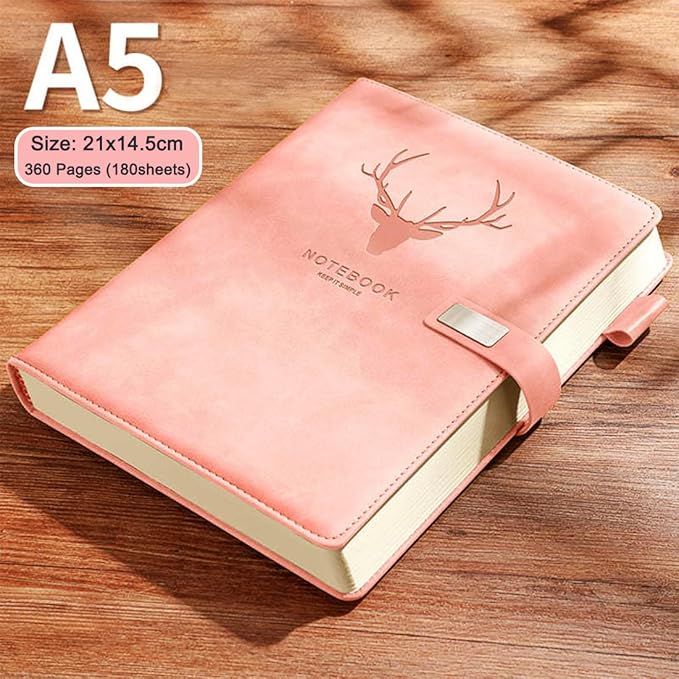 A5 Planner Leather Lined Journal Notebook for Writing, A5 Planner Writing Journal for Girls Women, Ruled Paper Notebook Pink