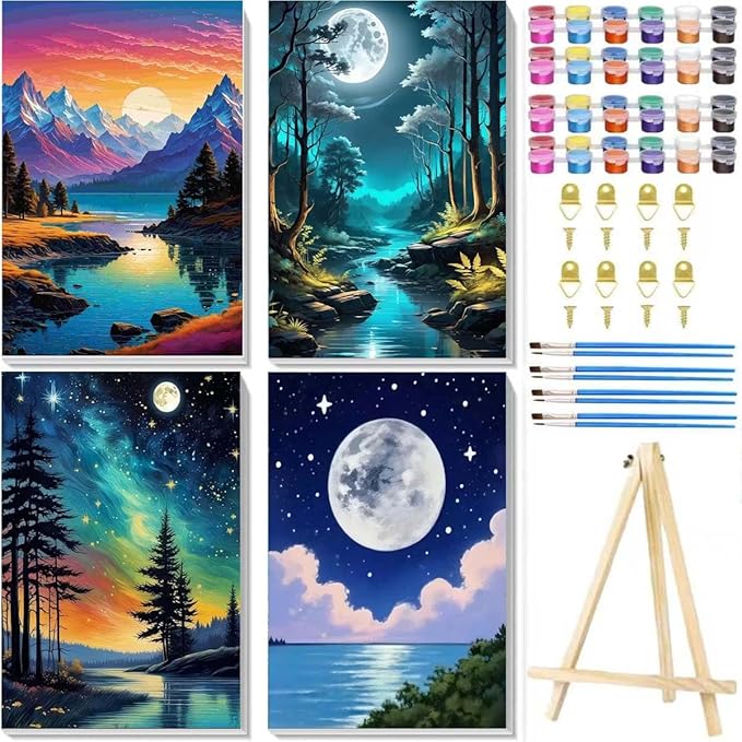 4 Pack Paint by Numbers for Adults with Framed Canvas - with Wooden Easel, Beach Paint by Number on Canvas, DIY Moon Landscape Acrylic Oil Painting Kits with Brushes for Home Wall Decor (8x12 inch)