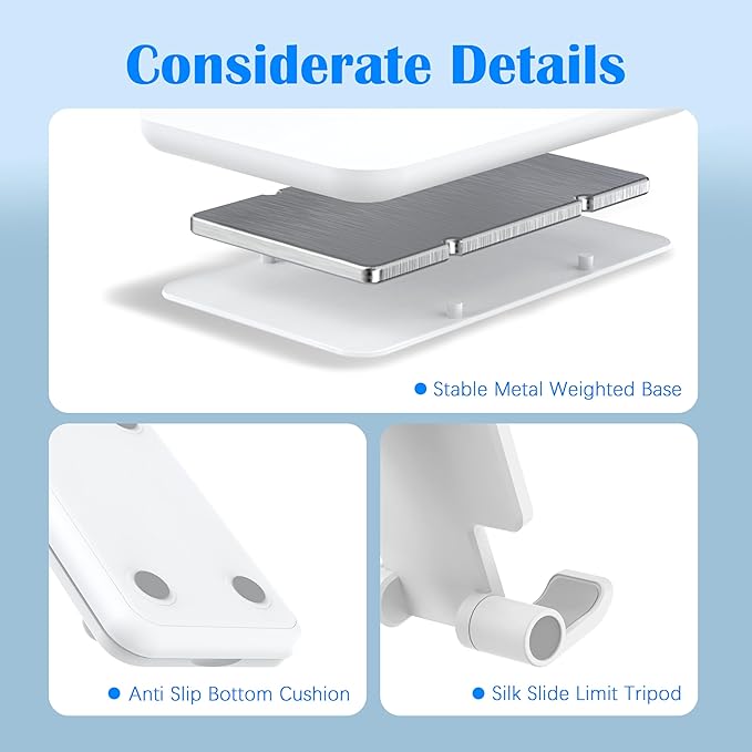 Cell Phone Stand, Adjustable Angle and Height Cell Phone Holder for Desk, Foldable and Portable, Anti-Slip Silicone Pad, Compatible with All Mobile Phones and 4-8 Inch Devices, White