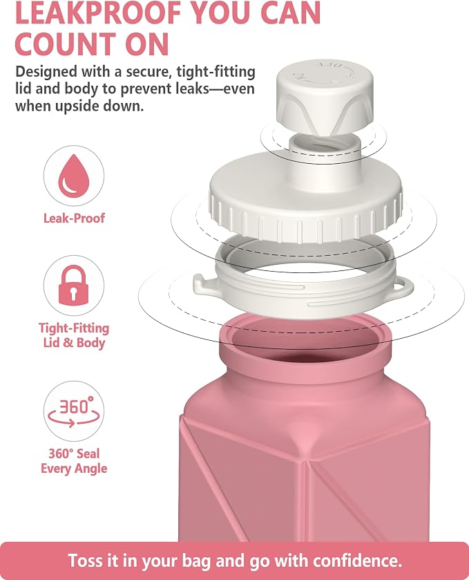 BEAUTAIL Collapsible Water Bottles 21oz/610mL, Silicone Travel Water Bottle | BPA Free, Leakproof & Reusable, Foldable Water Bottle for Traveling, Hiking, Gym, School, Sports, Outdoor, 1-Pack, Pink