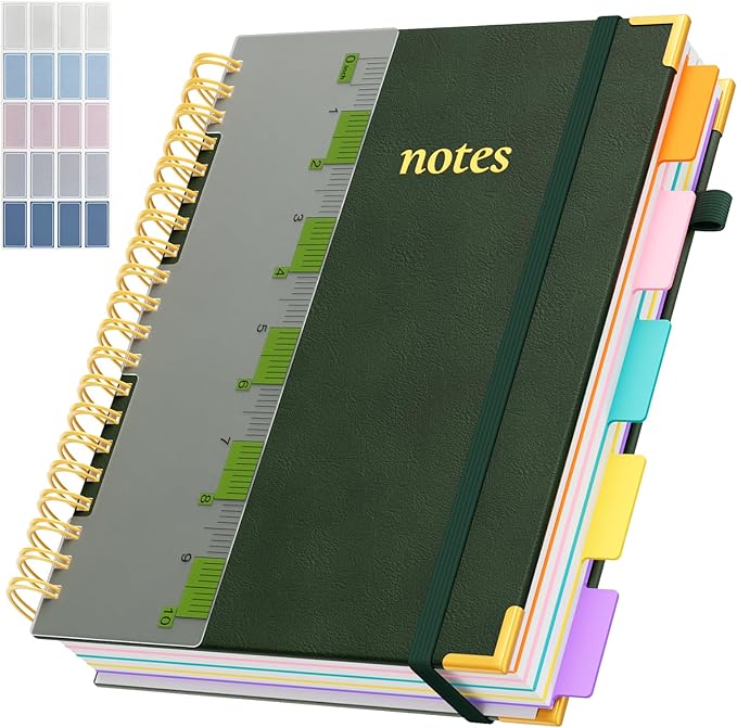 XYark A4 Hardcover Spiral Notebook, 8.5"x11" College Ruled Notebooks with Removable Dividers Tabs & Ruler, 5 Subject Notebook 300 Pages, Large Lined Journal for Women Men School Work Office, Green