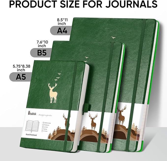 A5 Lined Journal Notebook - 312 Numbered Pages Leather Journals for Writing,3 Pages Index Content,100 GSM Thick Paper,Hardcover, 5.75'' X 8.38'', Dark Green