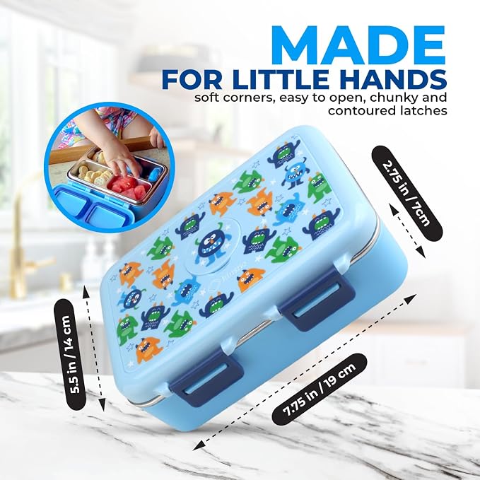 kinsho Small Stainless Steel Lunch Box for Baby Toddlers, Blue Cute Monster | Mini Bento, 3 Eco Metal Portion Sections, Silicone Seals, Leakproof Lid, Spill-Proof Boys Meal Container Daycare Pre-School