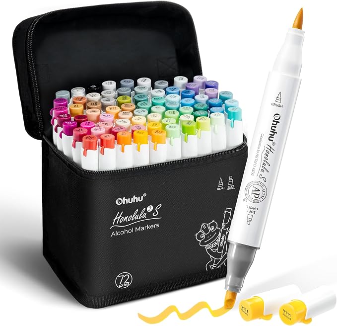 Ohuhu Alcohol Markers 72 Colors Brush& Soft Chisel for Adult Cozy Coloring