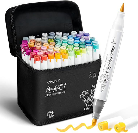 Ohuhu Alcohol Markers 72 Colors Brush& Soft Chisel for Adult Cozy Coloring