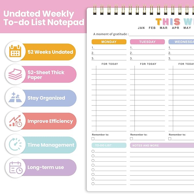 Weekly To Do List Notepad - Weekly Planner Notepad with 52 Undated Sheets（8.5"×11"), Undated To Do List Notepad for Office Desk Accessories and Supplies, School & Home, Waterproof Cover