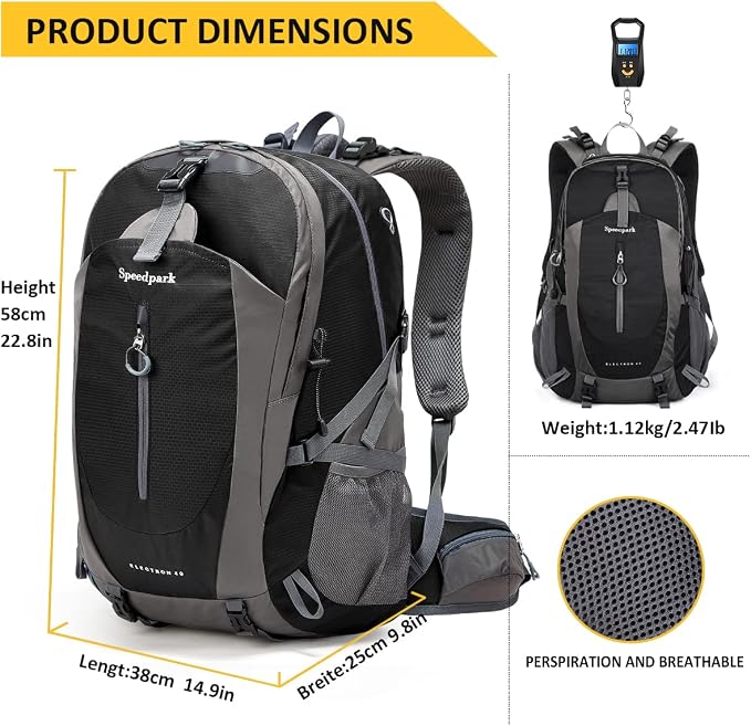 SPEEDPARK 40L Hiking Backpack, Lightweight Camping Daypack with Rain Cover | Water-Resistant Rip-Stop Nylon, Multi-Pockets, Survival Whistle. Ideal For Men, Women, Travel, Trekking