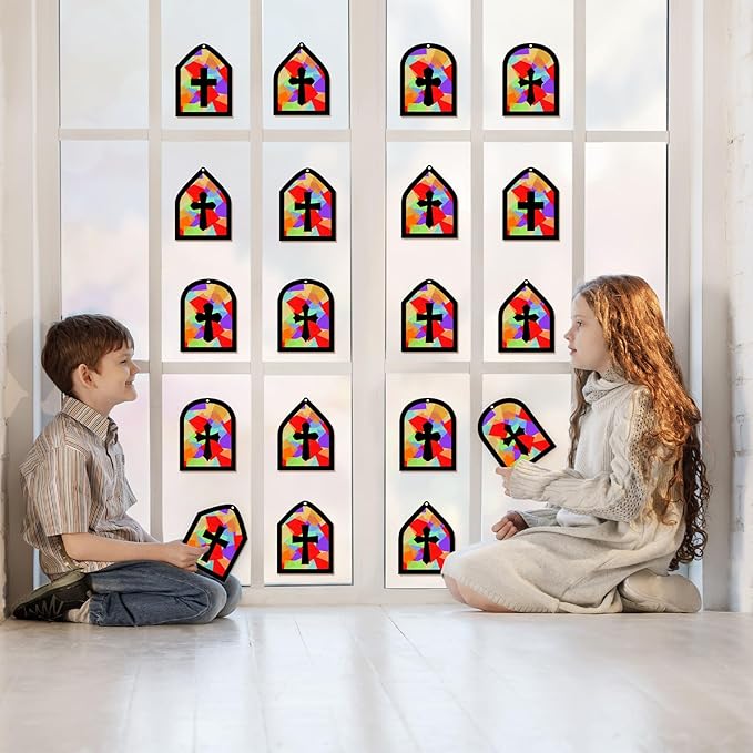 40PCS Sunday School VBS Crafts Bulk: Paper Cross Nativity Suncatchers, Jesus Religious Christian Classroom Camping Activity DIY Kits Gifts Church Decorations, Window Stained Glass Effect Art Supplies