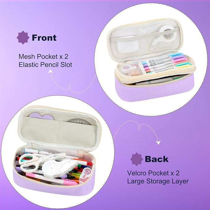 Large Pencil Bag for Girls Teens Kids School Pencil Case Organizer Purple | Zipper Pencil Pouch Big Cute Stationery Aesthetic Pencil Box for School Office, Wear-resistant Fabric, Large Capacity Design