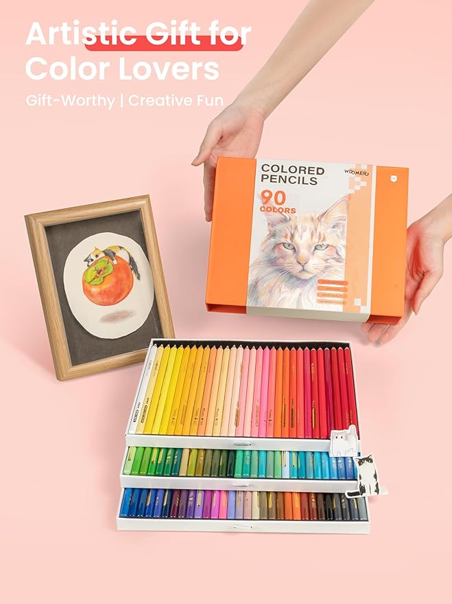 Woomer Colored Pencils with Paper: 90 Colors, 3.8mm Soft Core, Smooth as Cream, Lightfast Rating Marked on Every Pencil, Not Easy to Break, Open Inventory, Slide-Out Drawer Case